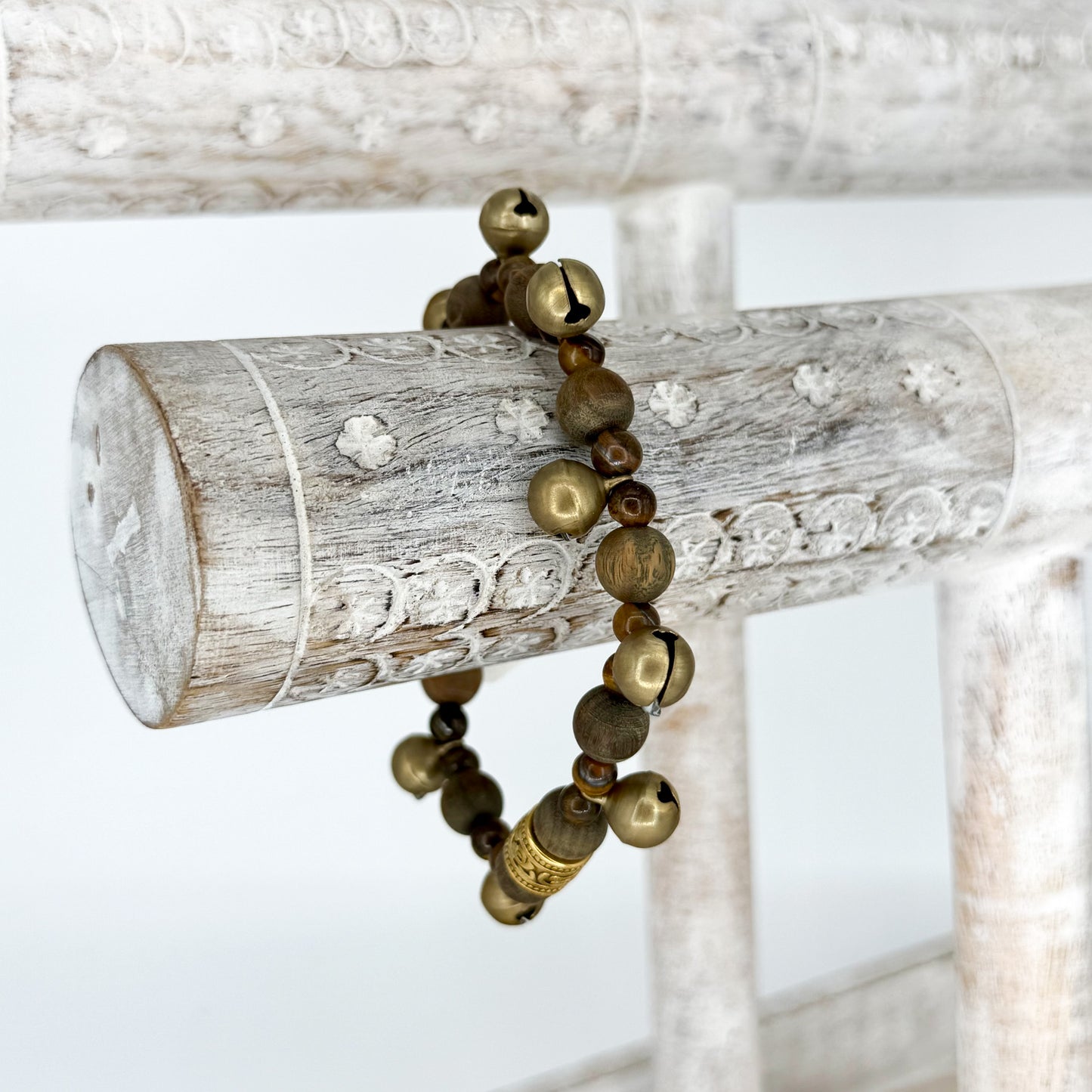 Pinewood and Tiger's Eye Bracelet with Brass Bells - Esu Abita Botanica