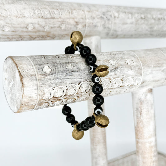 Obsidian Bracelet with Brass Bells