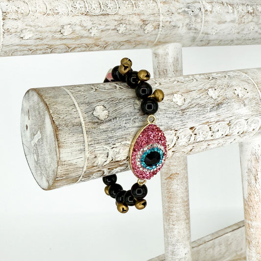Obsidian Bracelet with Pink Evil Eyes