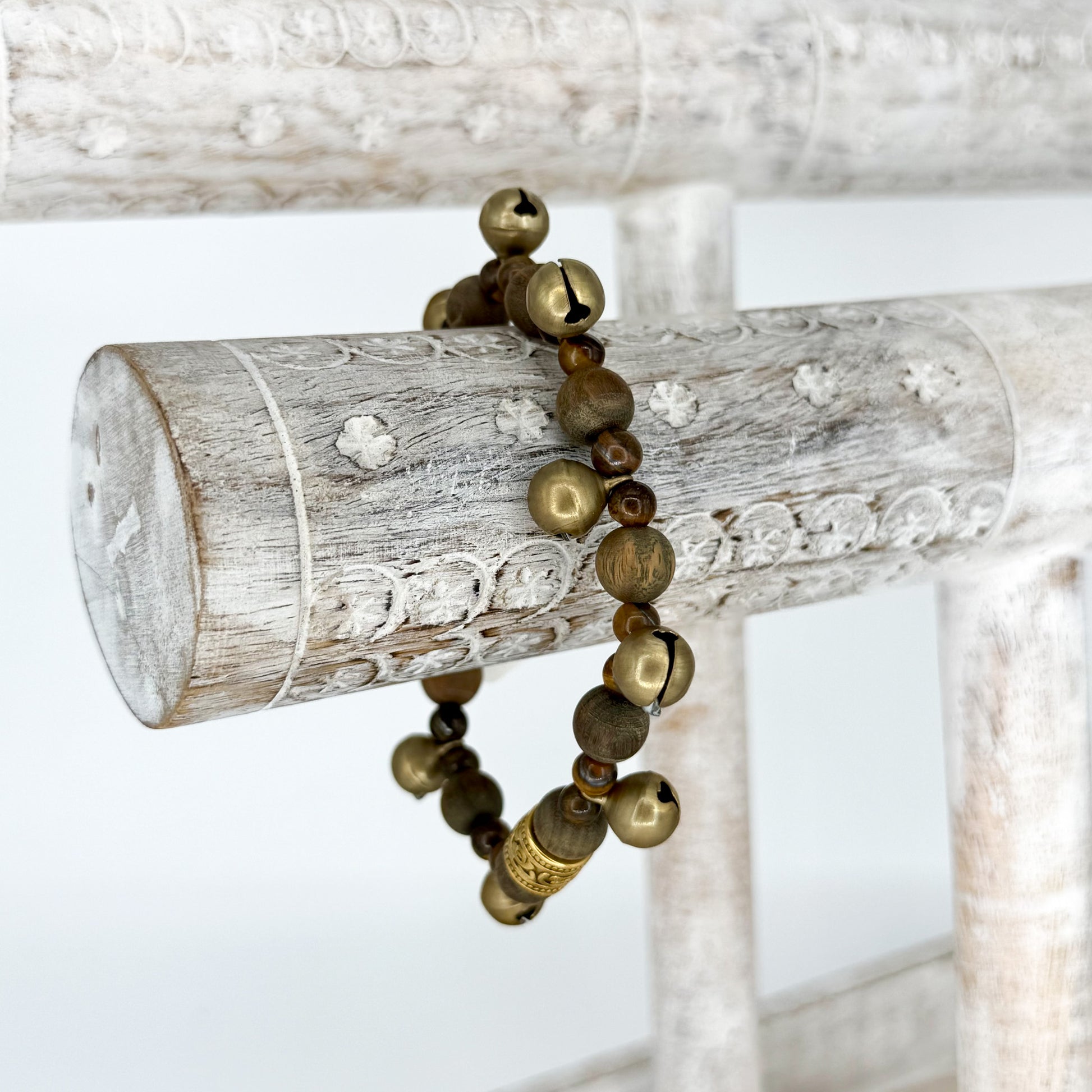Pinewood and Tiger's Eye Bracelet with Brass Bells - Esu Abita Botanica