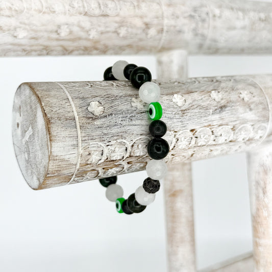 White and Green Jade Bracelet with Black Shungite